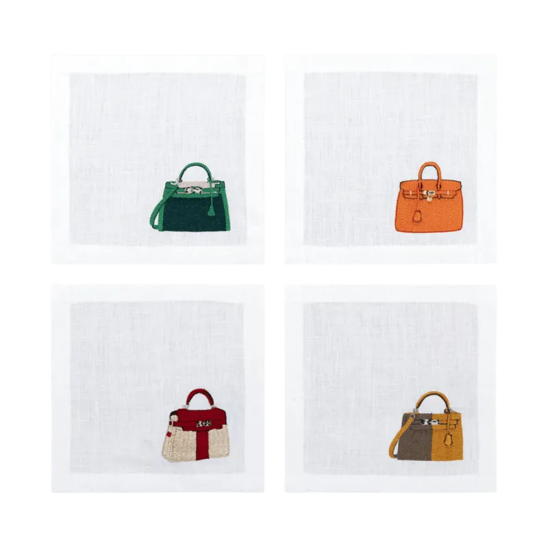 Hand Embroidered Handbags Cocktail Napkins 6" x 6" (Set of 4)