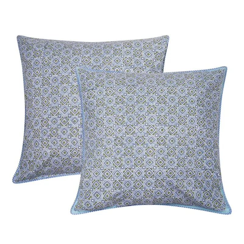 Maheshwar Cushion Cover block printed geometric in blues and greens